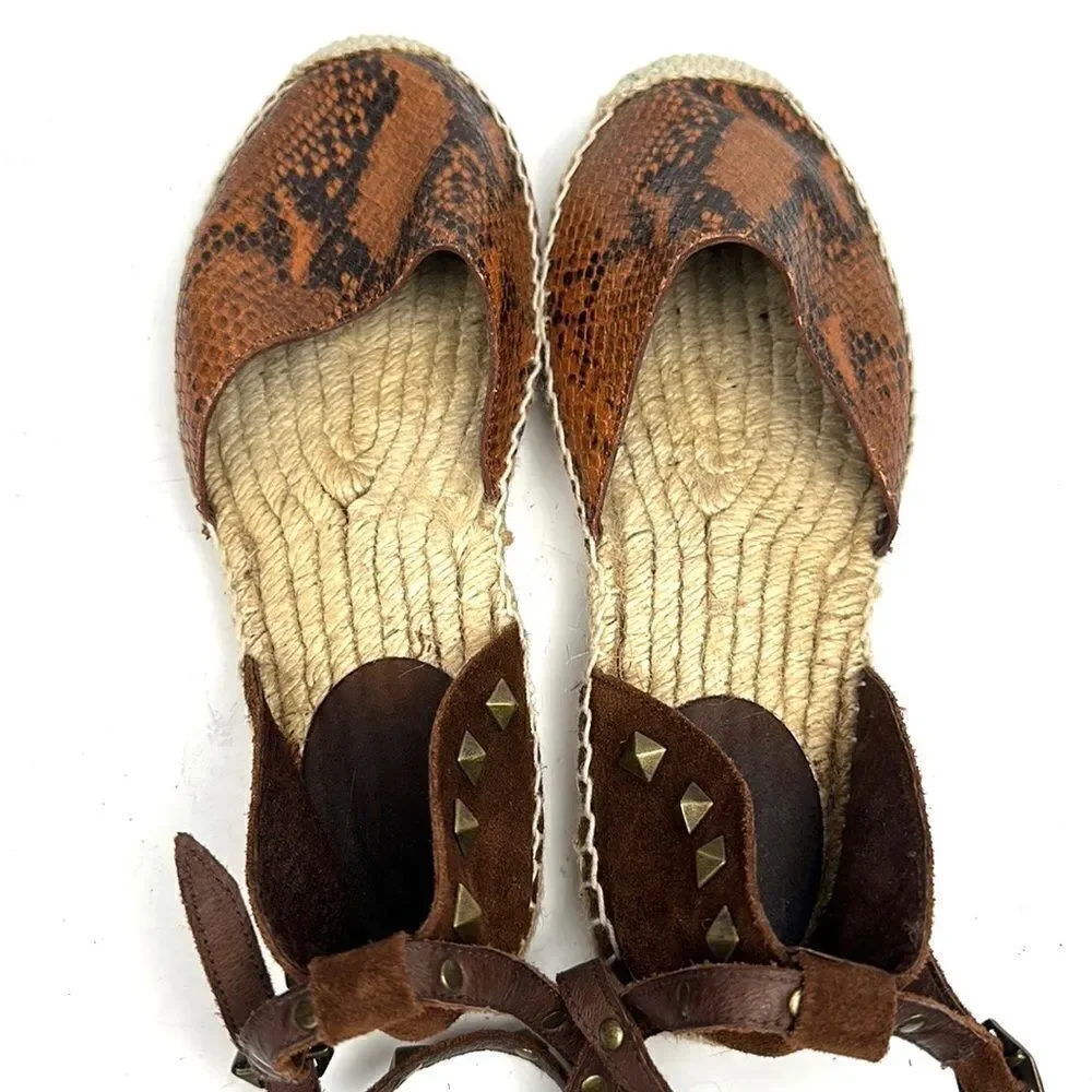 ASH Spain Rockstud Leather Suede Flat Espadrilles Brown Piton Print 37 US 6,5
